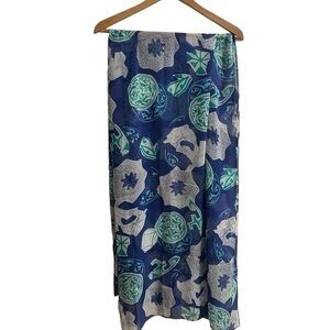 Silk Scarf Dupatta, Blue White Turquoise & Green Medallion Floral Print